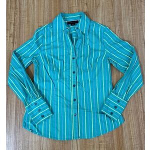 Attention Button Up Shirt Fitted Stretch Teal Green Striped Women Med